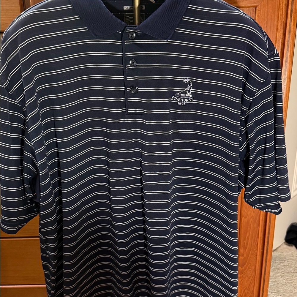 Pinehurst  logo adidas Navy and White Striped Polo Shirt